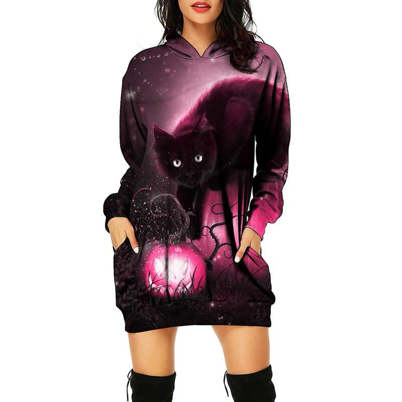 Cross-border European and American Amazon 3d Print Hoodie Halloween Casual Loose Mid-length Sweater Dress Women's Clothing