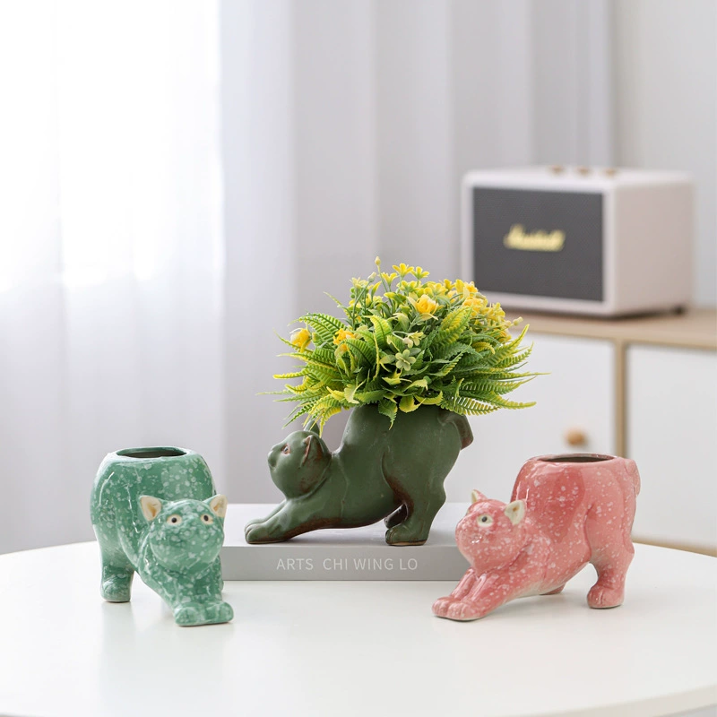 Симпатичные творческие личности маленькие животные кошки мини-мультфильм керамический цветочный горшок украшение печи K бронзовый зеленый розовый синий