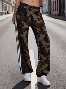 Women Striped Camo Sweatpants Elastic Waist Long Pants Cross-Border