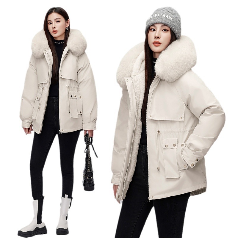 Comercio exterior corto para mujeres 2024 invierno nuevo estilo coreano plumón chaqueta de algodón gruesa y chaqueta caliente de lana grande