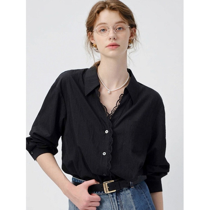 Vegcahang Black Shirt 2026 New Style Women's Early Spring French Splicing Lace Casual Long-Sleeved Shirt Vegcahang Black Shirt 2026 New Style Women's Early Spring French Splicing Lace Casual Long-Sleeved Shirt