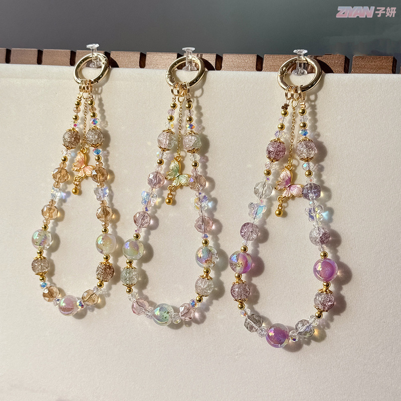 Light Luxury Original Beaded Popcorn Crystal Beads Mobile Phone Chain Alloy Butterfly Advanced Sense Gold Foil Beads Keychain Light Luxury Original Beaded Popcorn Crystal Beads Mobile Phone Chain Alloy Butterfly Advanced Sense Gold Foil Beads Keychain
