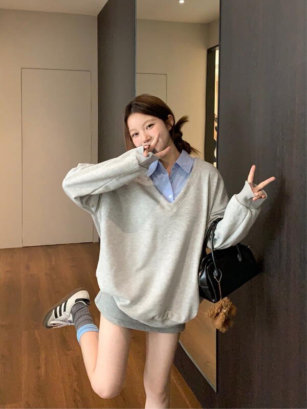 复古风Polo领撞色拼接假两件卫衣女秋季休闲宽松慵懒oversize上衣|undefined