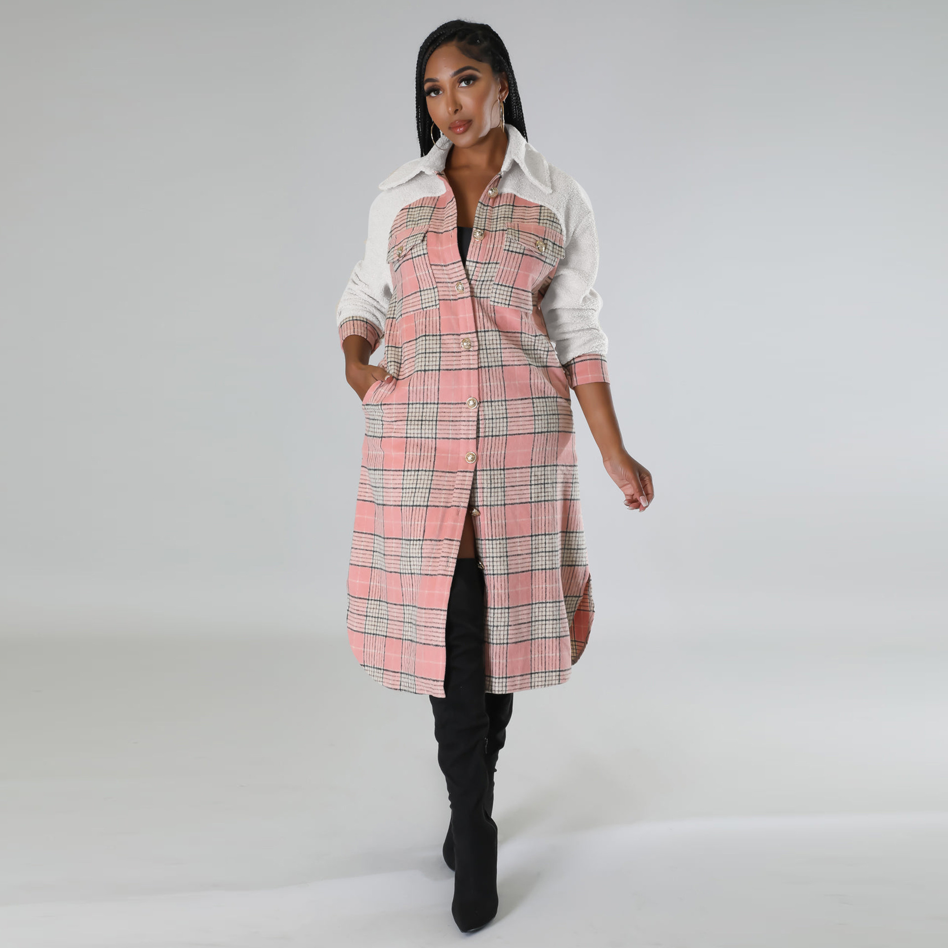 lapel loose plaid print flap pocket long woolen coat NSHBG137721