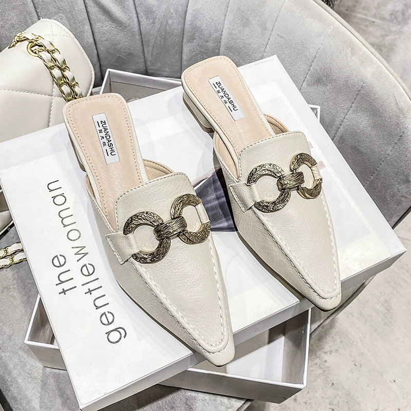 2024 Мэри Джейн новый остроконечный педаль, полторы тапочек, женские туфли на толстом каблуке, сандалии больших размеров, женские туфли 41-43