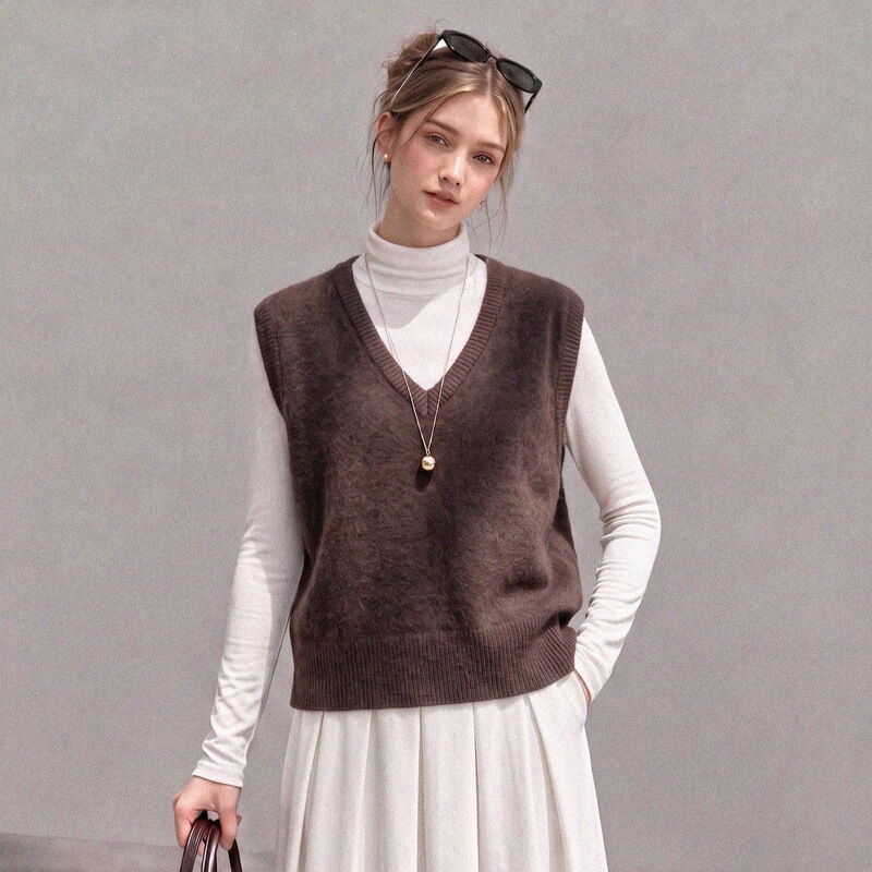 Elegant style, dark brown V-neck, solid-color knitted sweater for women, 2026 autumn new collection, vest style 8178 Elegant style, dark brown V-neck, solid-color knitted sweater for women, 2026 autumn new collection, vest style 8178