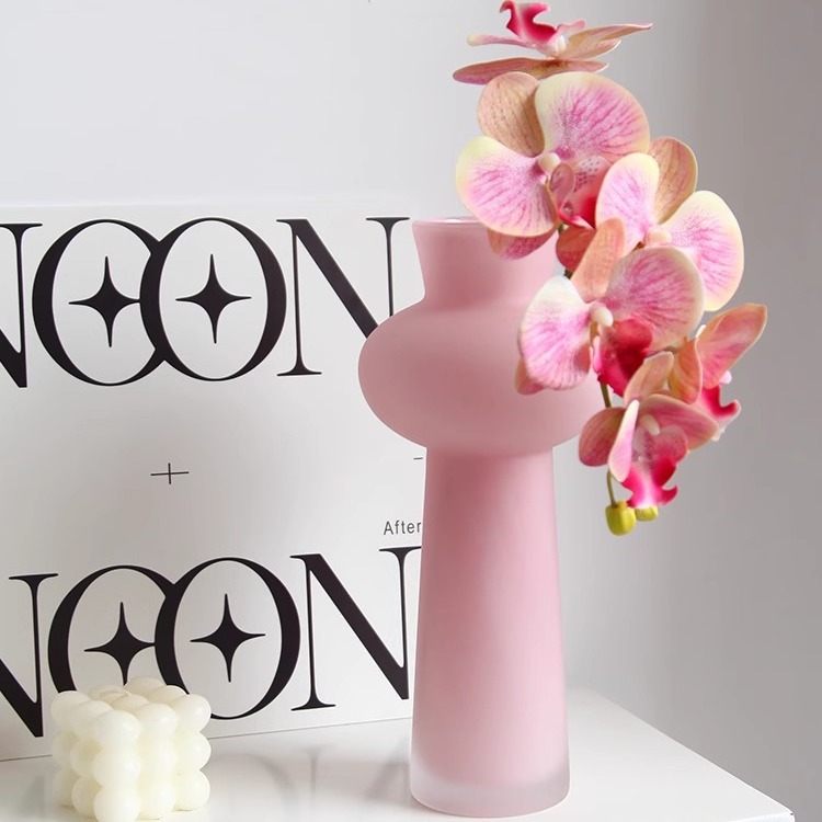 霧面磨砂粉色玻璃花瓶玄關客廳茶几電視櫃裝飾品水養鮮花插花擺件