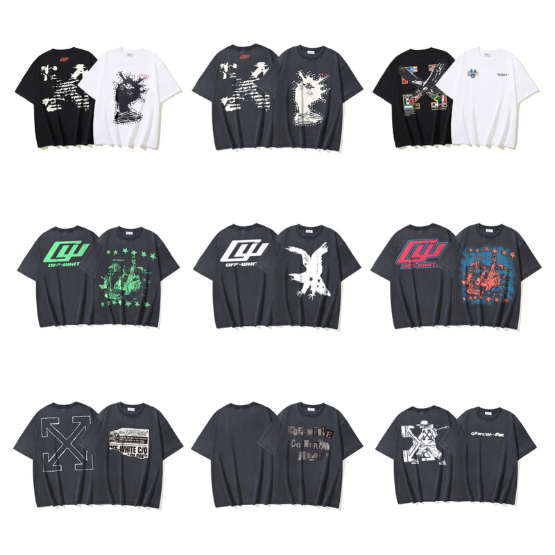 Cross-Border Off-White Pure Cotton 280g Washed and Distressed Double Yarn Heavyweight Five-Pointed Star Collaboration Print Short-Sleeve T-Shirt