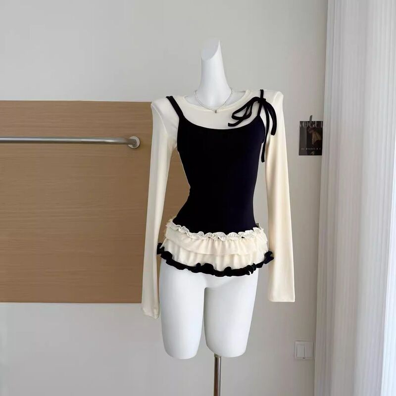 2025韓国版のデザイン感の偽の2つのレースのベストは底の長袖のtシャツの女性の金の春秋の中で身を修める上着を掛けます。|undefined