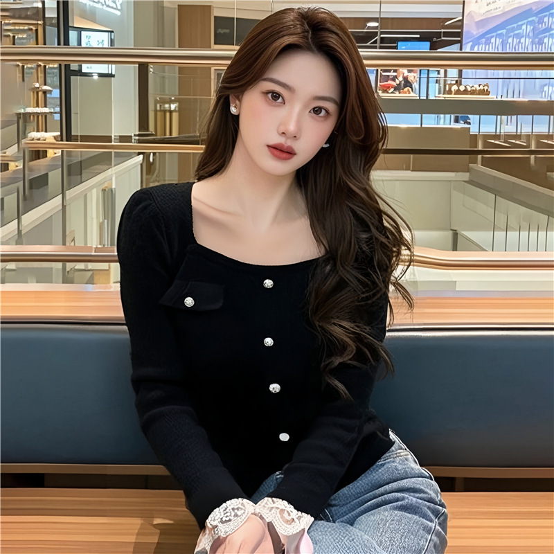 AI Figure in stock Fashion All-match High-end Temperament Square Collar Bubble Sleeve Split Knitted Sweater Women's Sweater Outer