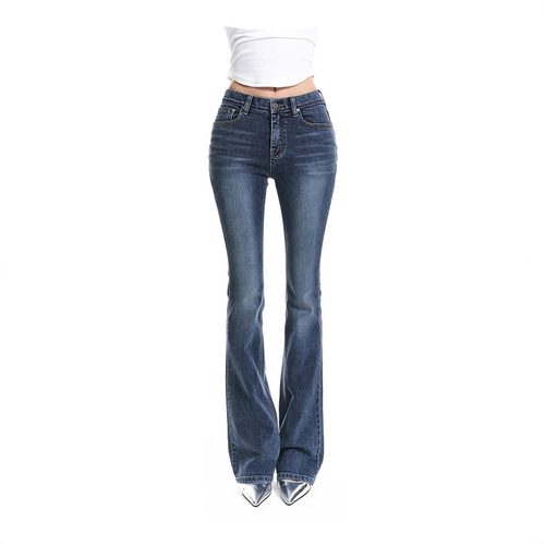 Comes with a plump pad~ Retro deep blue contouring slimming lead slightly slanted pants knee widening versatile stylish trendy jeans