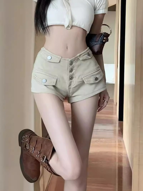 Petite Denim Shorts for Women, Summer Slimming Low-Rise Sexy Season Stretch Light-Colored Straight Wide-Leg Cargo Hot Pants