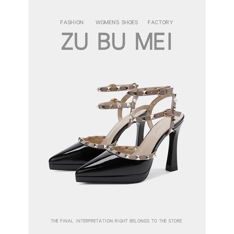 105-11 Rivet Pointed Toe Stiletto Nude High Heels, Feminine Internet Celebrity Non-Tiring Feet Waterproof Platform High Heel Sandals