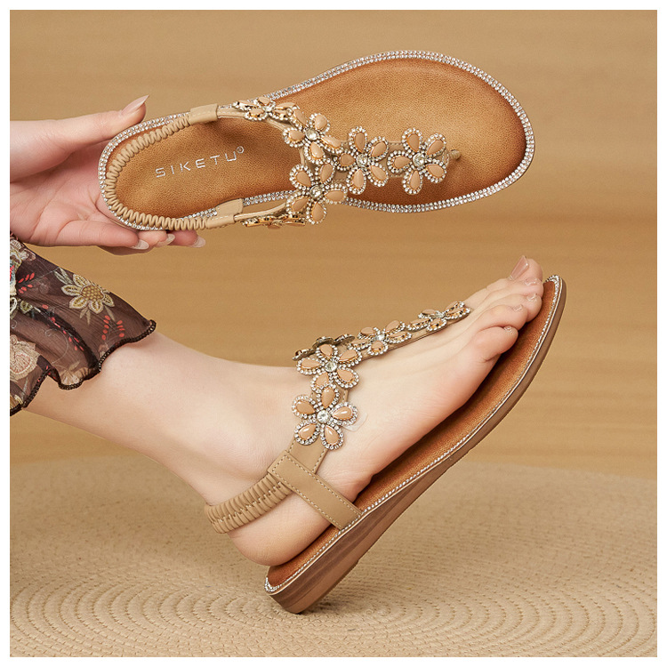Dép sandal nữ xỏ ngón đế bệt đính hoa kim cương mềm chống trượt — màu đen, màu mơ chi tiết 5