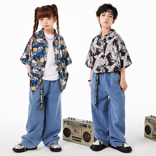 Street dance children's trendy clothing boys hip-hop hiphop retro Hong Kong style shirt suit girls drum performance clothing summer