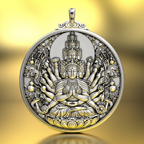 Pure silver solid Thousand-Armed Avalokiteśvara pendant for the Year of the Rat, destiny Buddha necklace for both men and women, Bodhisattva guardian deity zodiac Buddha silver