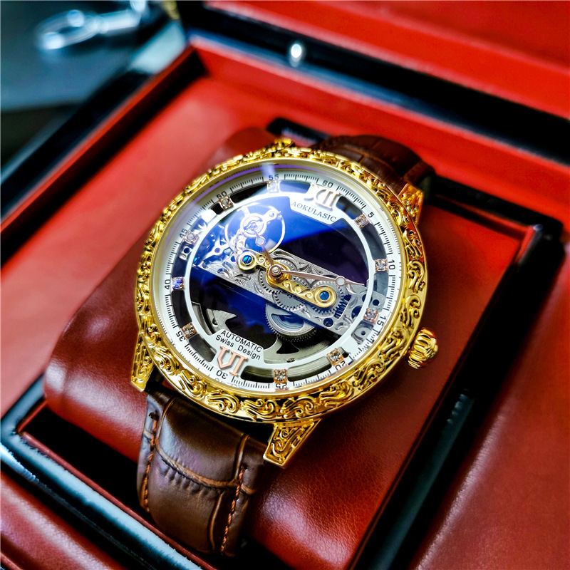 Oglas AOKULASIC reloj mecánico automático de los hombres de doble cara hueco tallado vintage impreso reloj 2120