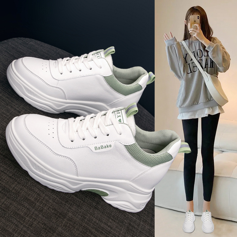 Inner Height-Increasing Women's Shoes 2025 Spring & Fall New Versatile Sports and Leisure White Shoes Genuine Leather Thick-Soled Shoes for Women with Velvet