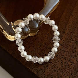 榕树下小珠珍珠水晶弹力绳戒指女小众设计叠戴食指戒时尚百搭指环