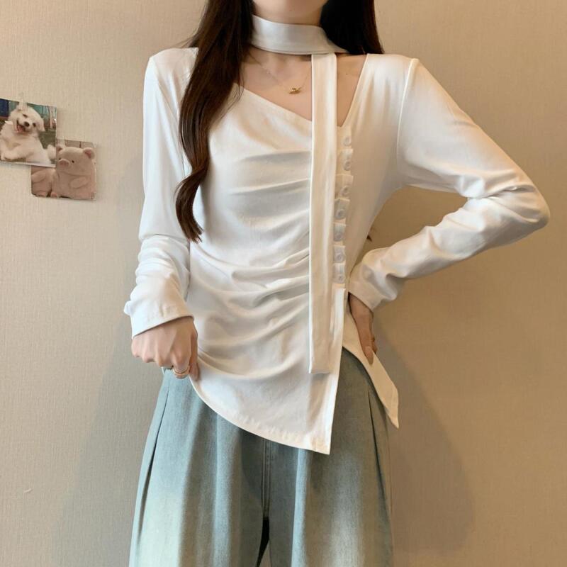 安可拉红V领正肩长袖T恤女秋大码胖mm不规则打底衫高级感挂脖上衣|undefined