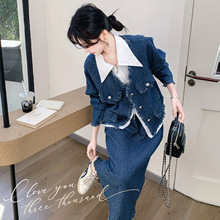 气质穿搭一整套蓝色高级感牛仔小香风套装裙女2025超火三件套秋装
