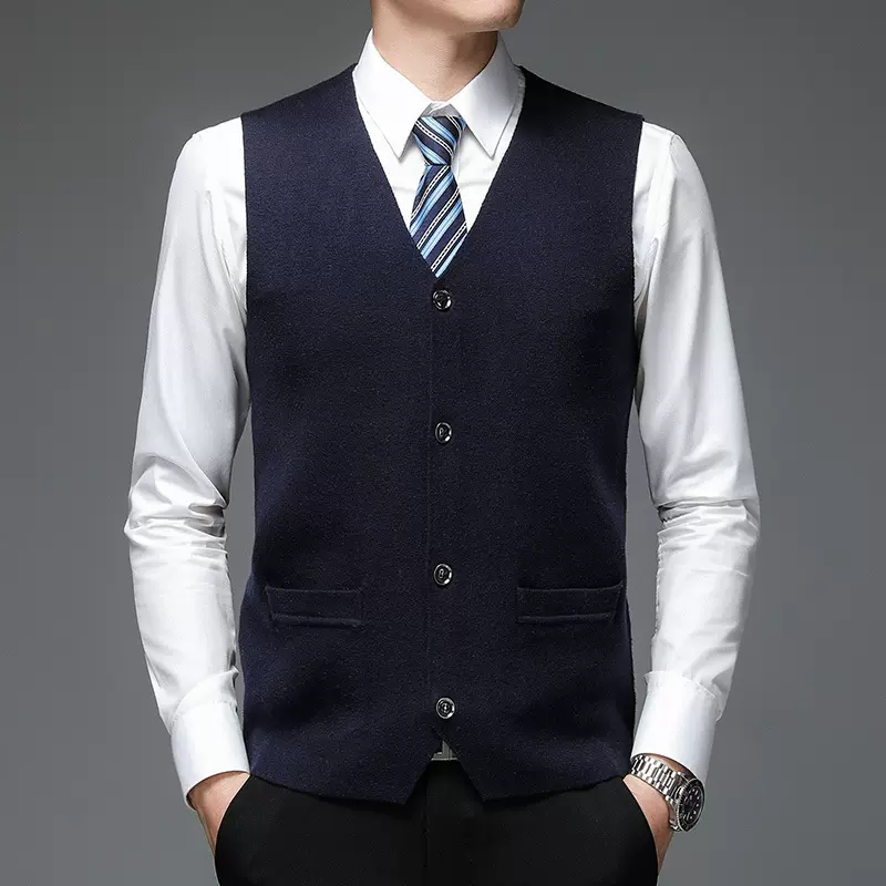 秋冬季2024新款男士针织背心金丝绒V领单排扣加厚纯色毛衣马甲男