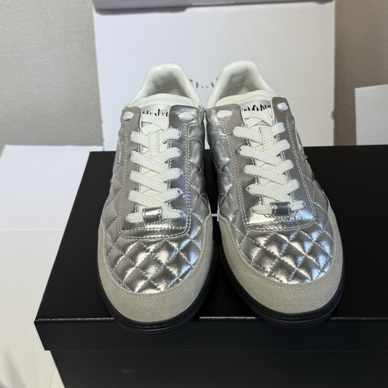 Din Board Shoes in Silver, New Model 25S, German Training Shoes for Women, Quilted Tennis Shoes, Chanel-Style Casual Sneakers