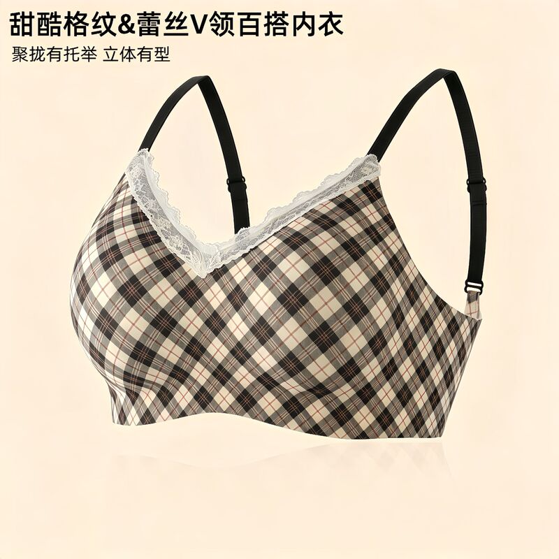 Cross-Border Sweet Plaid Bra V-Neck Sexy Lace Lingerie for Women Fixed Cup Small Chest Push-Up Bra Seamless Underwear
