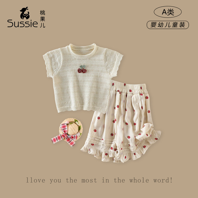 Girls' Outfit 2026 Summer New Knitwear Infant Cherry Round Neck Short-Sleeve Thin Versatile Stylish Pants Girls' Outfit 2026 Summer New Knitwear Infant Cherry Round Neck Short-Sleeve Thin Versatile Stylish Pants