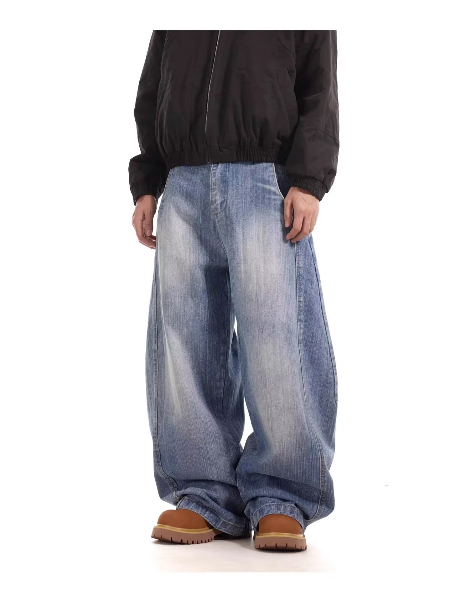 Unisex American Retro Washed Deconstructed Curved Jeans Loose Fitting Relaxed Style Wide Leg Slimming Casual Jeans_mkmklike.com