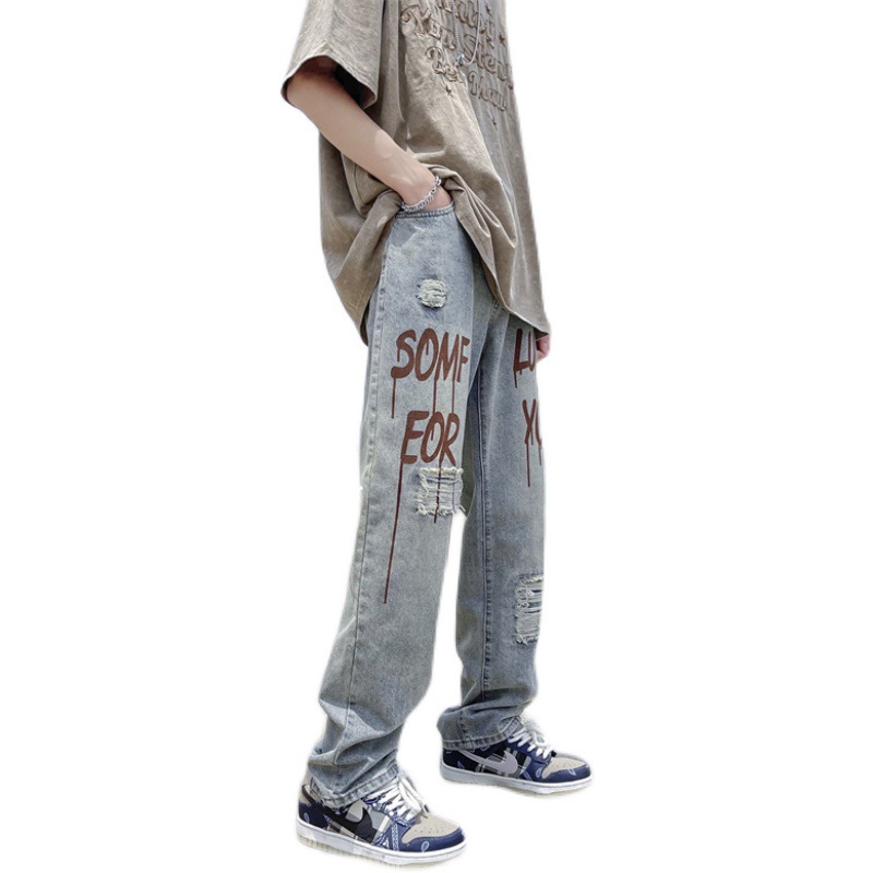American-style high-street ripped-print denim jeans for men, loose-fit straight-leg summer pants with a cool, edgy hiphop vibe—perfect for trendy teens.