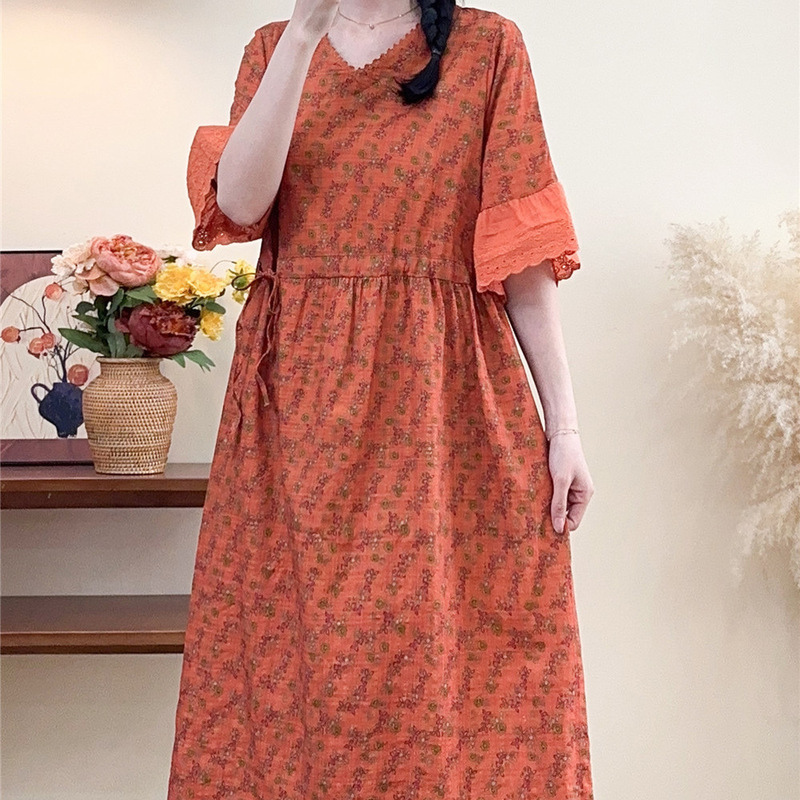 2025 Summer Cotton Blend Digital Printed Short Sleeve Long Dress with Drawstring for Moms, Women's Artistic Long Floral Dress