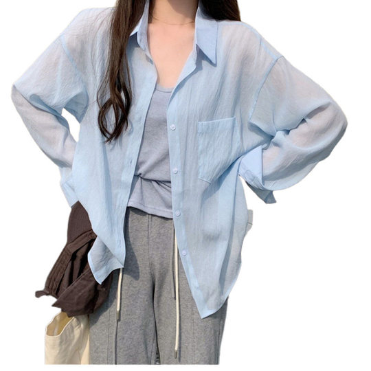 Wearing Draped Tencel Shirt Women's Thin Spring and Summer Korean-style Loose Casual Thin Shirt Long-sleeved Sunscreen Top