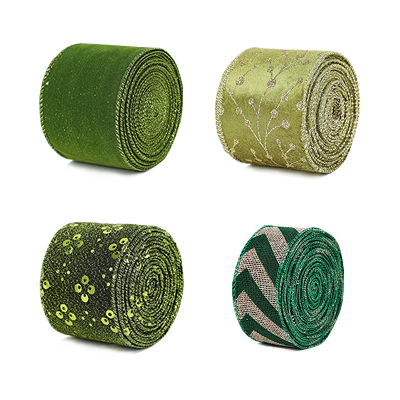 跨境新款聖誕節6.3cm綠色織帶絲絨條紋裝飾禮品絲帶愛爾蘭節織帶