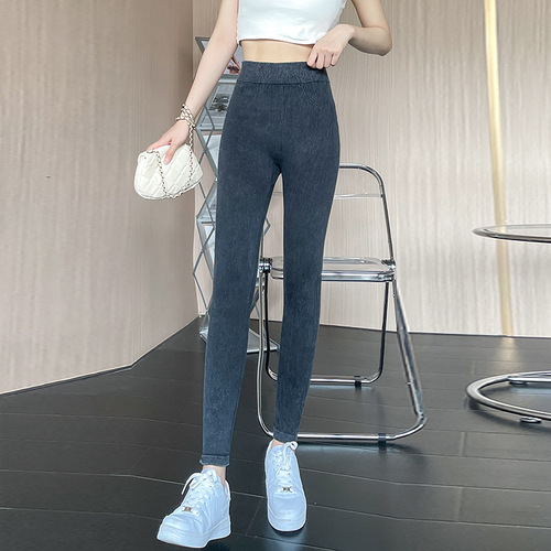 Chic grey faux denim leggings for women, stylish high-waist sandpaper pants, outerwear tight long pants