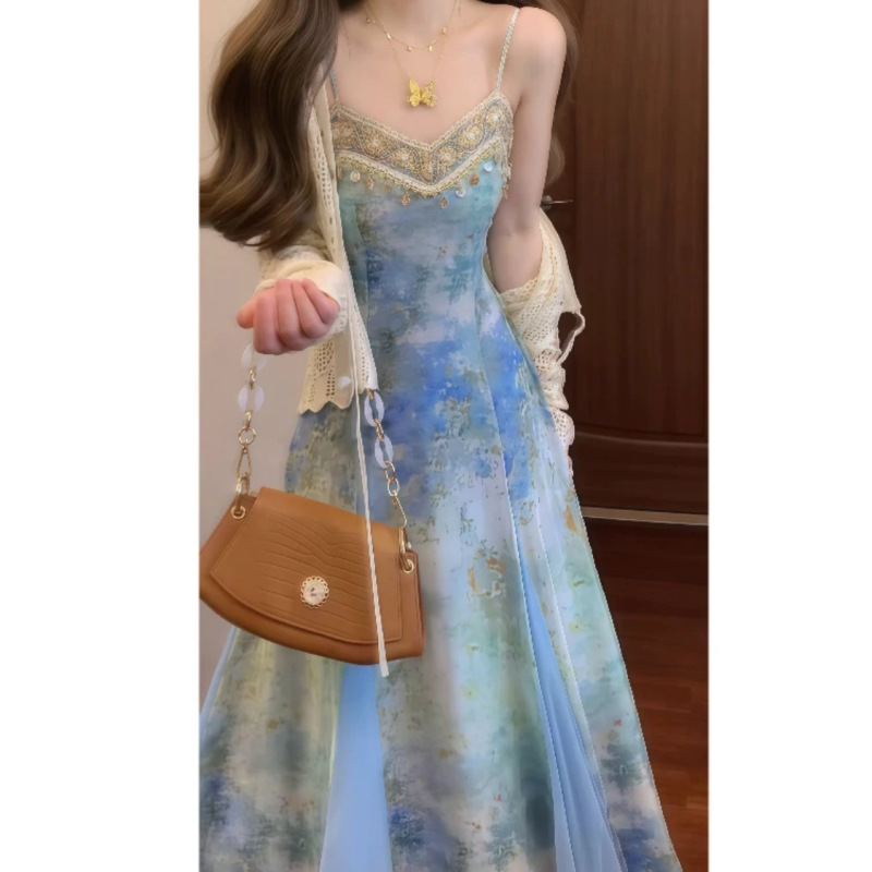 夏のドーパミン海辺の休暇の服装、写真撮影、絶妙なスカート、サスペンダー、ブルーのレトロなドレス|undefined