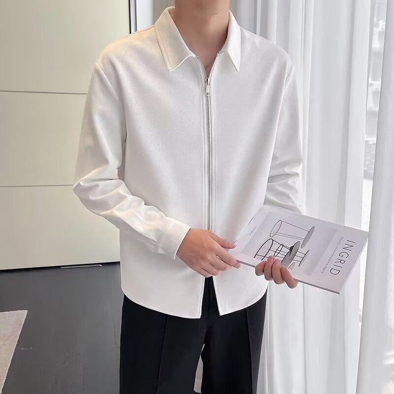 Spring and Autumn High-end Half-zipper Long-sleeved Shirt Men's Design Sense Small-crowd Internet Celebrous Ripple Handsome White Shirt Jacket Spring and Autumn High-end Half-zipper Long-sleeved Shirt Men's Design Sense Small-crowd Internet Celebrous Ripple Handsome White Shirt Jacket