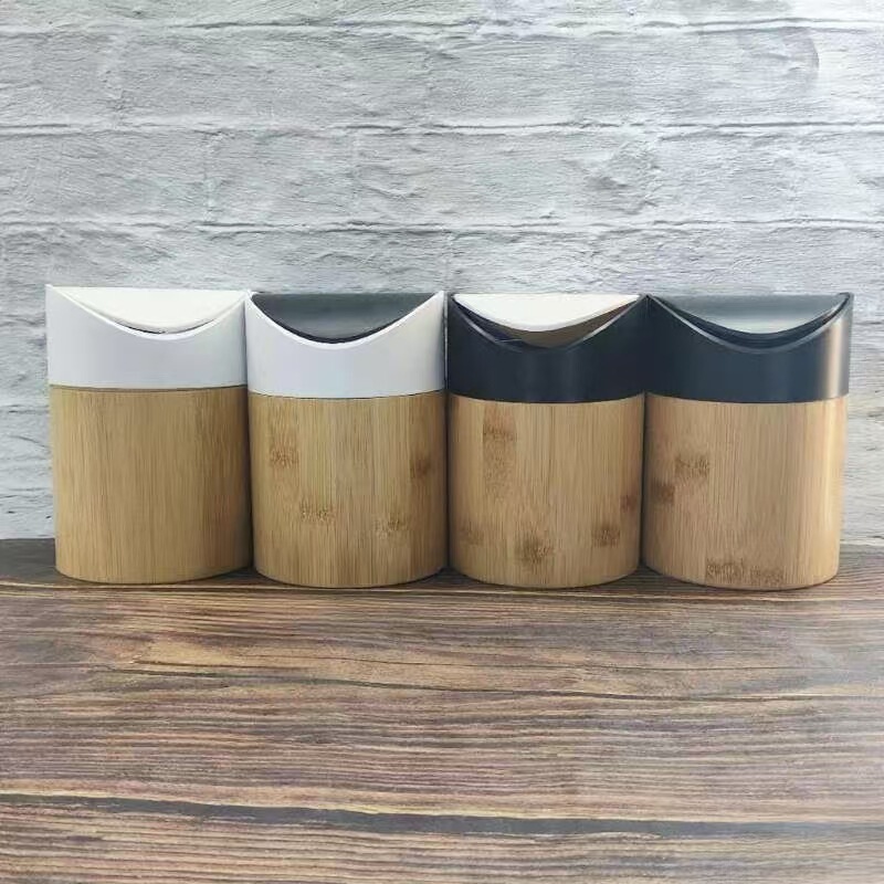 Factory Direct Sales Bamboo Wooden Desktop Trash Can Small Office Coffee Table with Lid Mini Creative Debris Storage