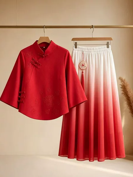 Chinese-Style Suit, Slim and Elegant Top, Three-Quarter Sleeves, High-End Gradient Chiffon Skirt, Red Tang Suit for Women