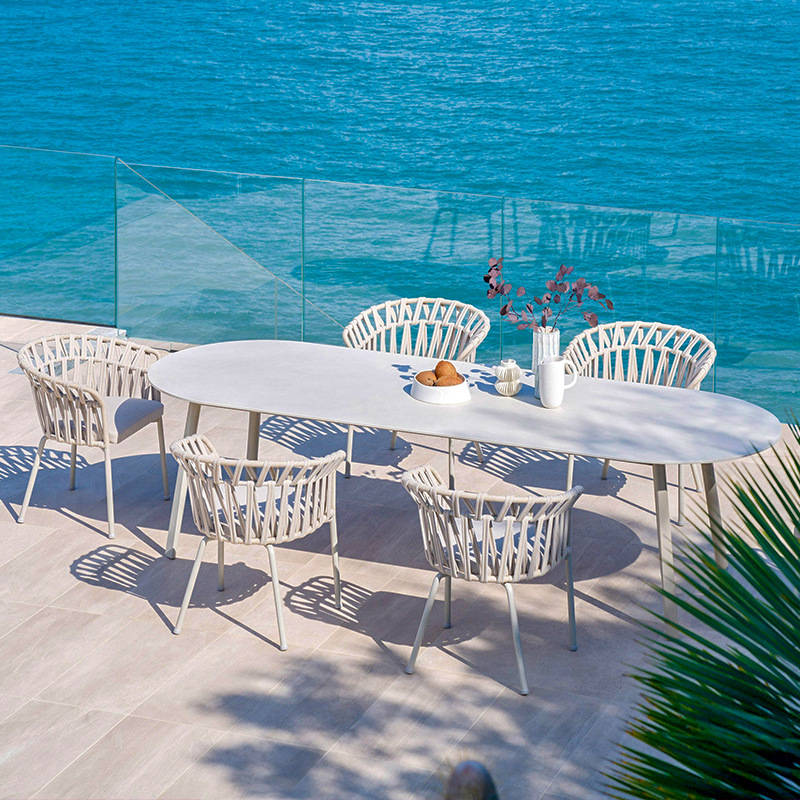 Mesas y sillas para exteriores, balcón con patio, protección solar, impermeables, muebles de ratán para ocio, terraza de jardín al aire libre, juego de mesa larga de ratán.