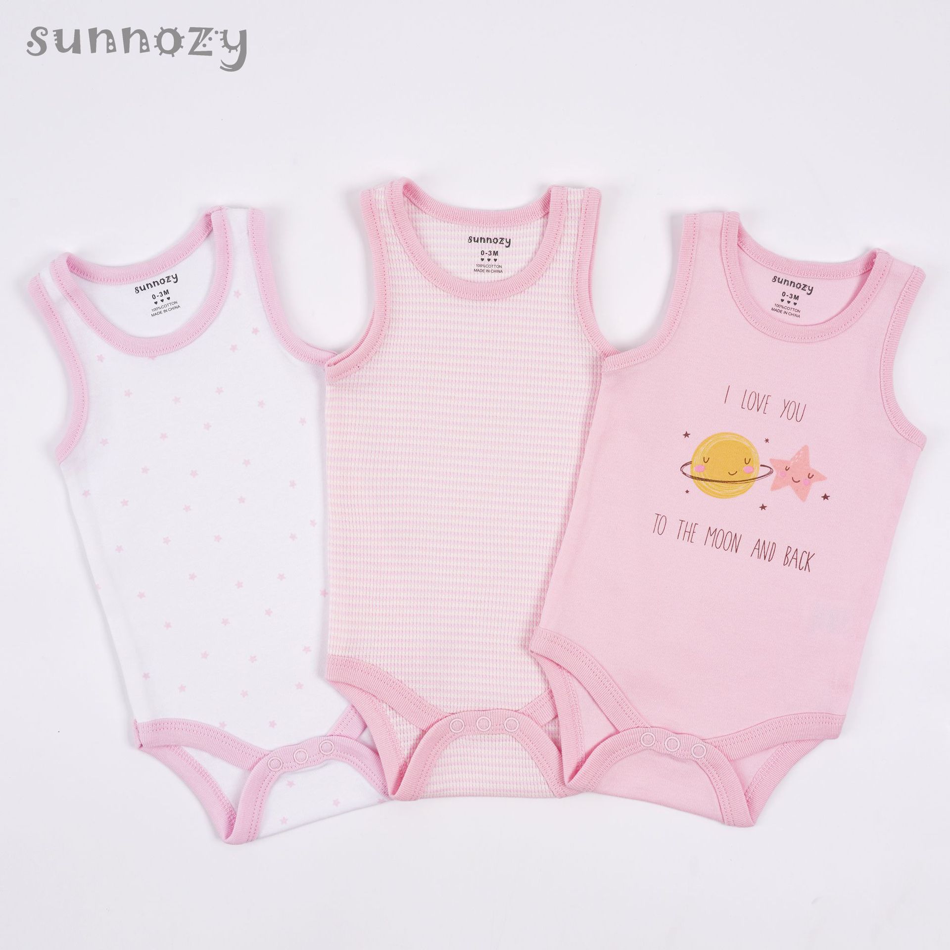 Conjunto de tres piezas de verano sin mangas para recién nacido, mono de algodón puro Clase A con estampado, venta al por mayor.