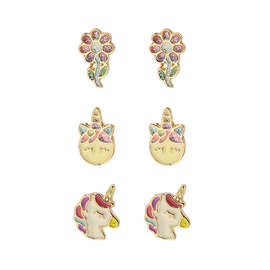 跨境欧美儿童耳钉三对花朵独角兽猫咪环保滴油耳钉饰品