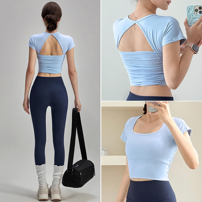 Yoga Suit Women's Summer Outdoor Running Training with Chest Pad Beautiful Back Quick-Drying Short-Sleeved Pilates Sports Fitness Clothing Yoga Suit Women's Summer Outdoor Running Training with Chest Pad Beautiful Back Quick-Drying Short-Sleeved Pilates Sports Fitness Clothing