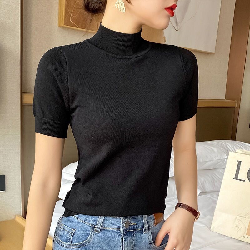 Half-Turtleneck Base Shirt, New Spring and Autumn Style, Women's Thin Short-Sleeve Knit Top, Inner Layer Sweater, Short Slim-Fit Top Half-Turtleneck Base Shirt, New Spring and Autumn Style, Women's Thin Short-Sleeve Knit Top, Inner Layer Sweater, Short Slim-Fit Top