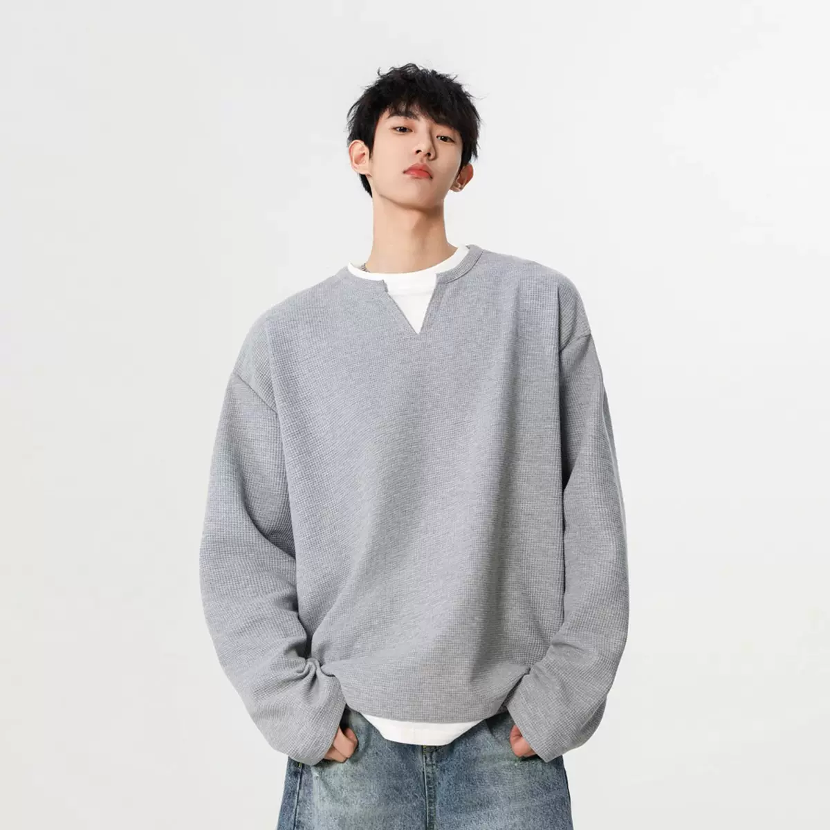 美式华夫格假两件V领卫衣男2025春秋新款潮高级感叠穿设计感上衣