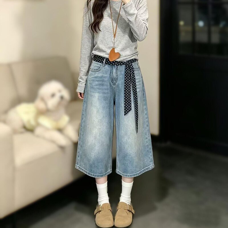 Washed distressed light-colored cropped wide-leg jeans for women, 2026 summer thin style, loose fit, plus-size, slimming, high-waisted mid-length pants