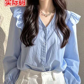 今年流行的漂亮小衫轻奢感法式小众绝美蓝色长袖衬衫女新款
