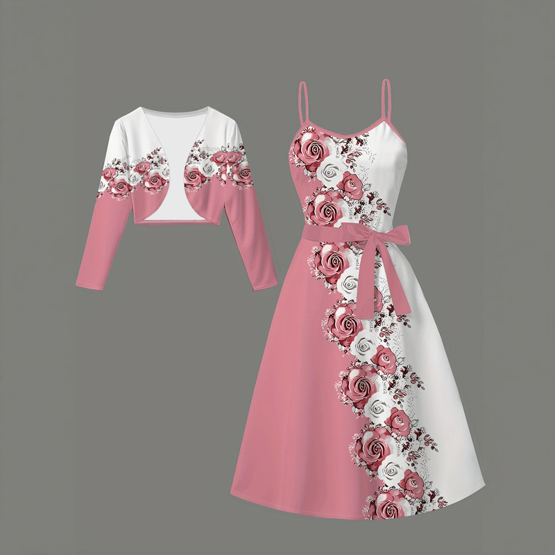 Rose print suspender dress two-piece set for women, summer fashion casual outfit, pink floral tie, early autumn Rose print suspender dress two-piece set for women, summer fashion casual outfit, pink floral tie, early autumn