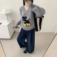 重工潦草小狗刺绣毛衣女可爱酷飒风V领上衣秋上新百搭套头针织衫
