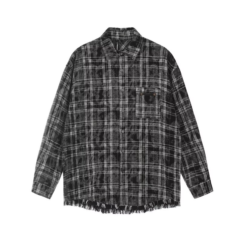 American Retro Gray Plaid Long-Sleeved Shirt with Raw Edges and Fringed Hem, Loose-Fitting Shirt That Looks Great Worn Outside or Inside